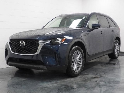 blue 2025 Mazda CX-90 SUV parked at the Bountiful Mazda dealership in Bountiful, UT