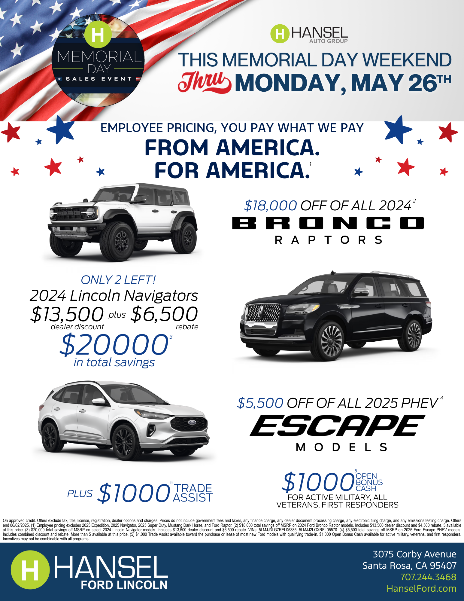 Hansel Ford Lincoln Memorial Day Flyer