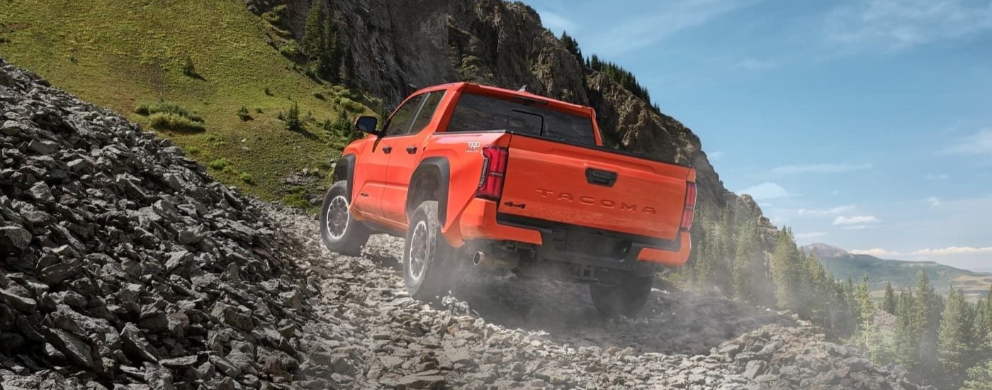 Red 2024 Toyota Tacoma TRD driving up a hill.