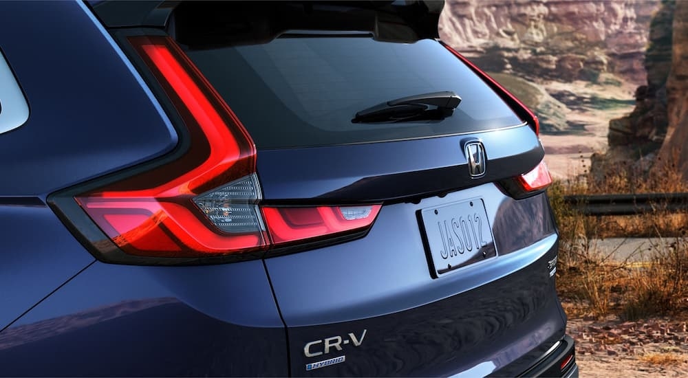 Rear liftgate on a blue 2025 Honda CR-V Hybrid.