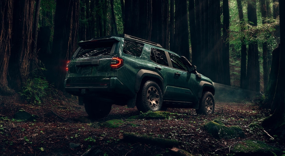 Rear of a green 2025 Toyota 4Runner Trailhunter parked in a forest.