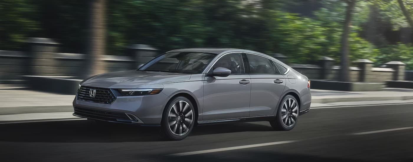 A gray 2025 Honda Accord for sale near Hollywood driving in a city.