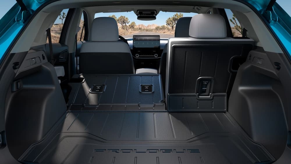 The rear cargo area in a blue 2025 Honda Prologue.