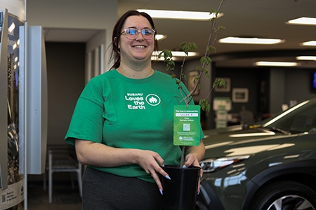 Spangler Subaru employee wearing green Subaru Loves the Earth shirt carrying potted tree through showroom