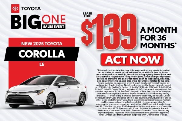 Lease Corolla For $139 Per Month