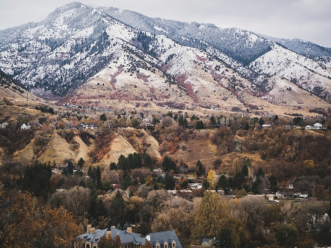 an overlook near Bountiful, UT showing homes in the shadows of mountains