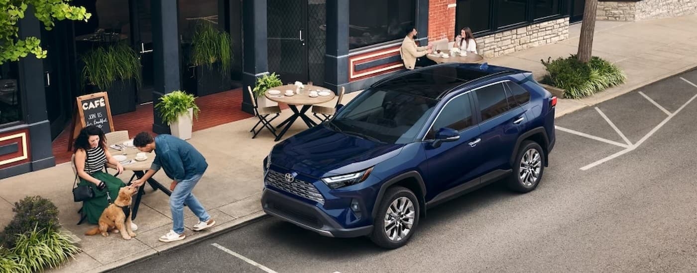 A blue 2025 Toyota RAV4 Hybrid parked on a city street.