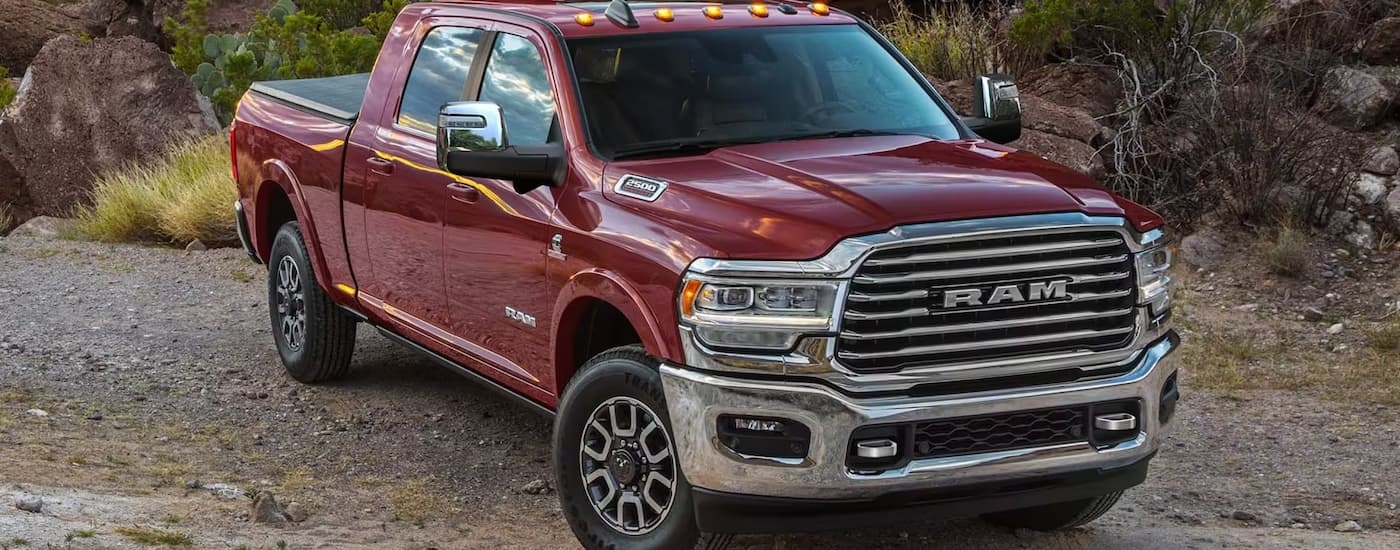 Red 2025 Ram 2500 parked on a off-road travel trail