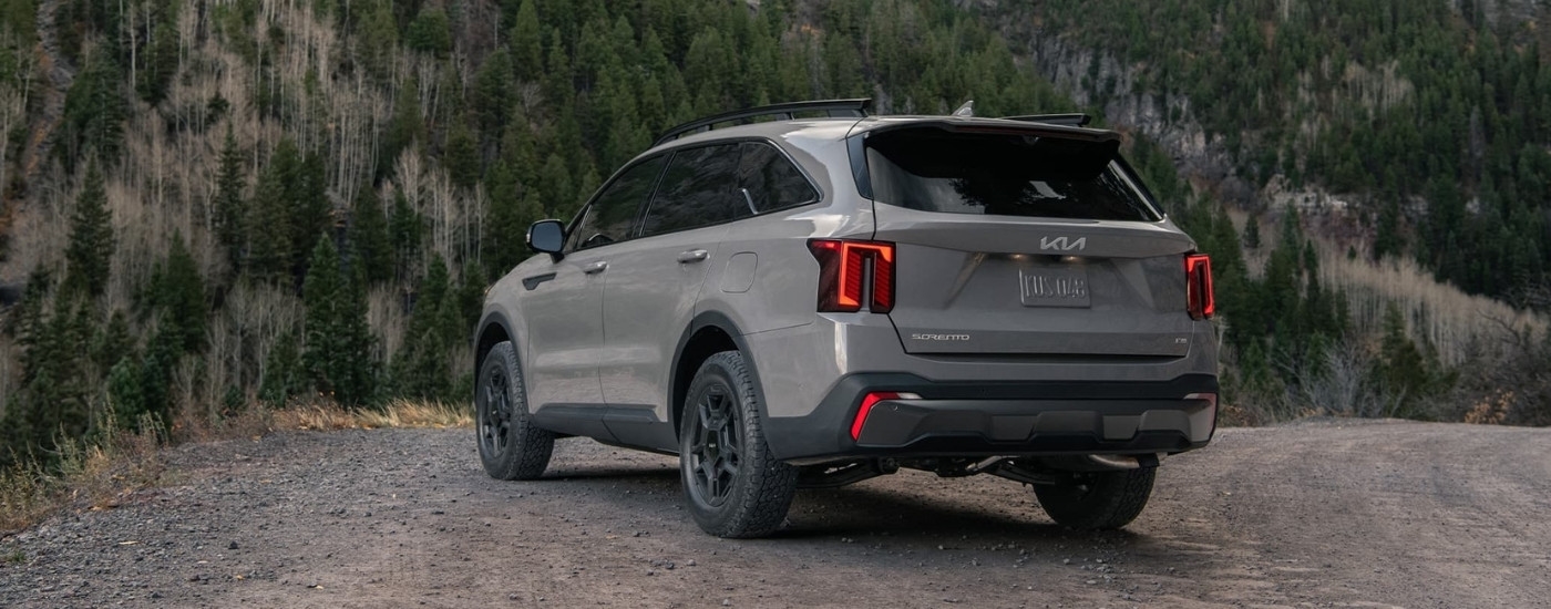 Rear of a grey 2024 Kia Sorento parked off-road.