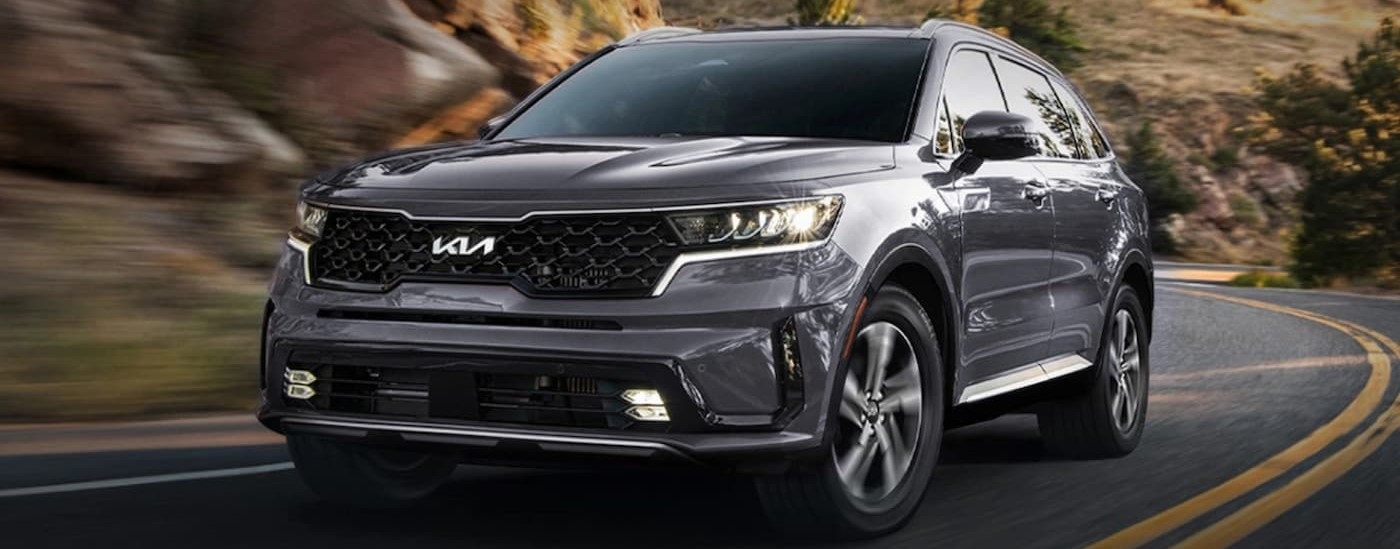 Grey 2024 Kia Sorento Hybrid for sale near Tomball driving around a bend.