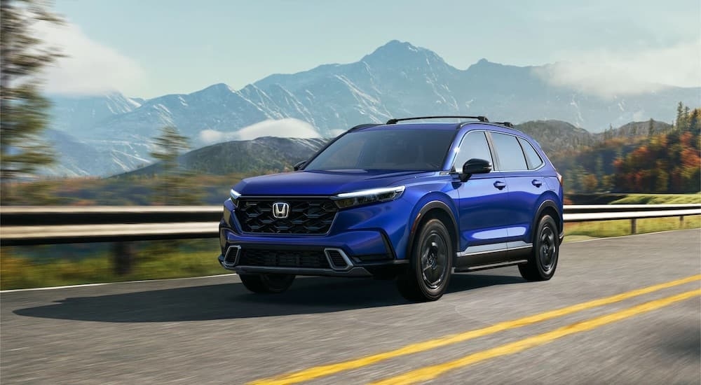 A blue 2026 Honda CR-V from the front at an angle after leaving a Honda dealer near Mount Vernon.