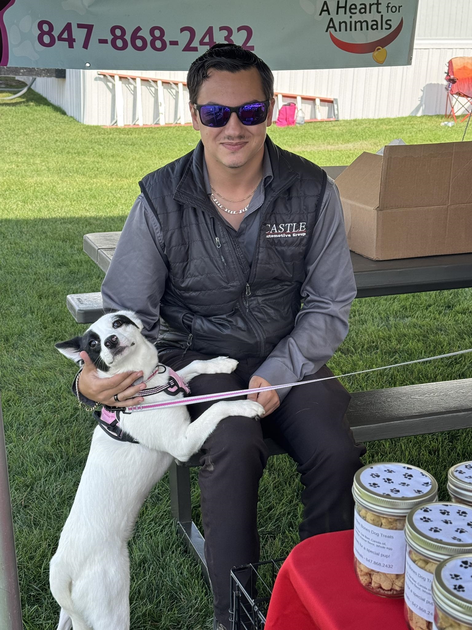 A volunteer from Castle Subaru McHenry holds a dog during a pet adoption event at Castle Subaru McHenry.
