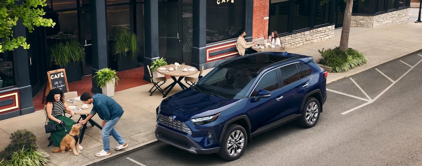 High angle view of a dark blue 2026 Toyota RAV4 parked by a curb.