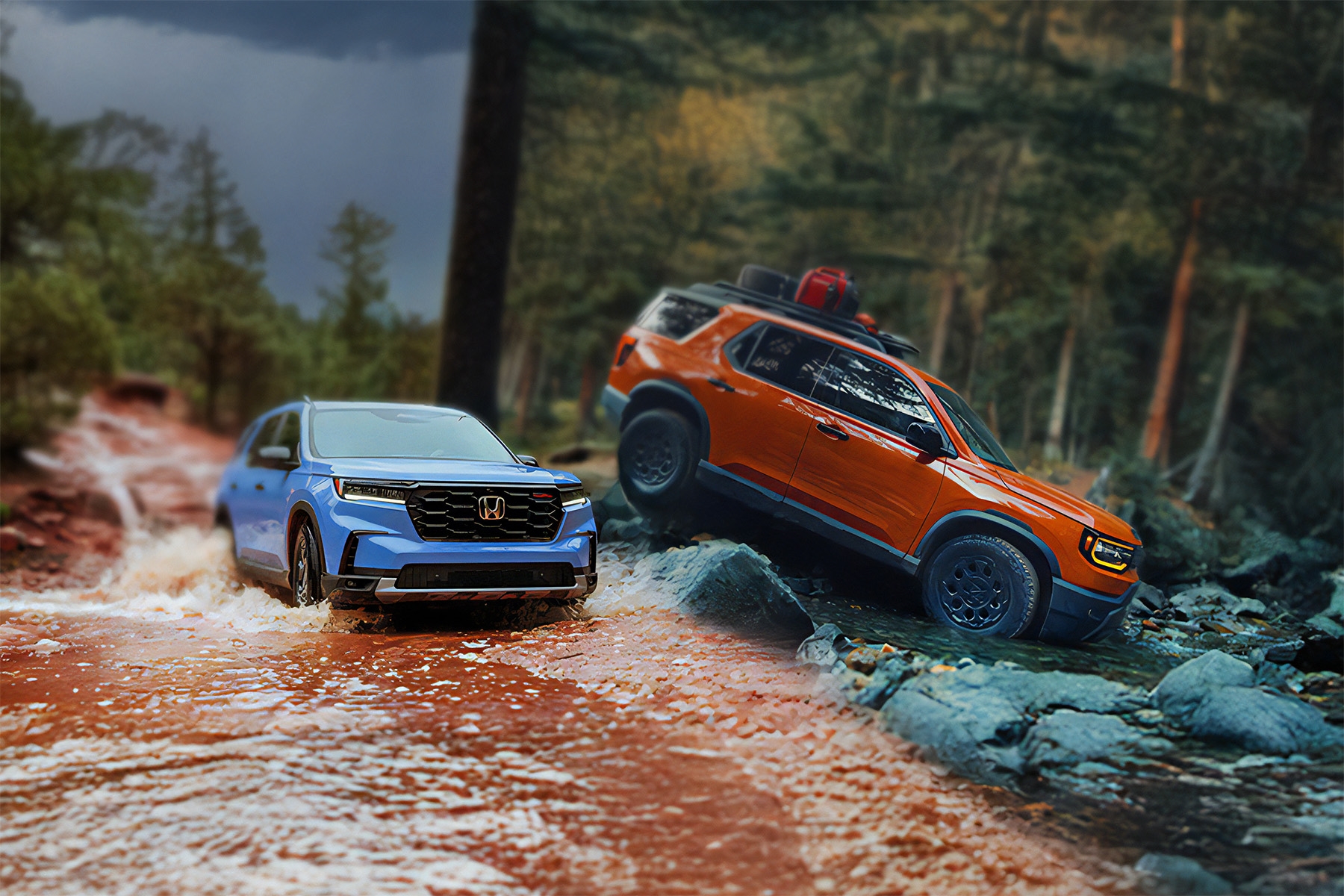 Honda Passport vs Pilot TrailSport models off roading through the woods