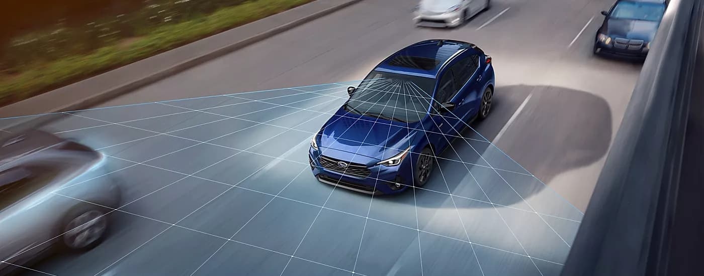 Simulated safety lines on a blue 2026 Subaru Impreza driving