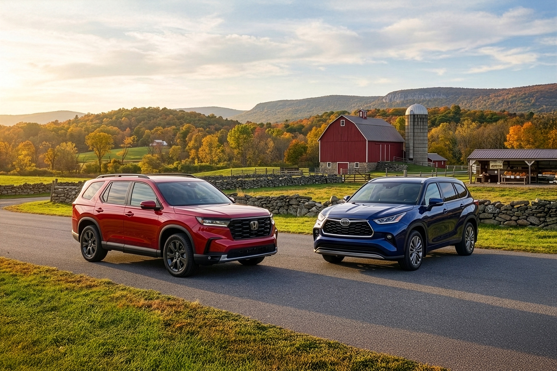 2026 Honda Pilot vs Toyota Highlander parked next to eachother on a country road in front of a ranch with a red barn in the rolling hills