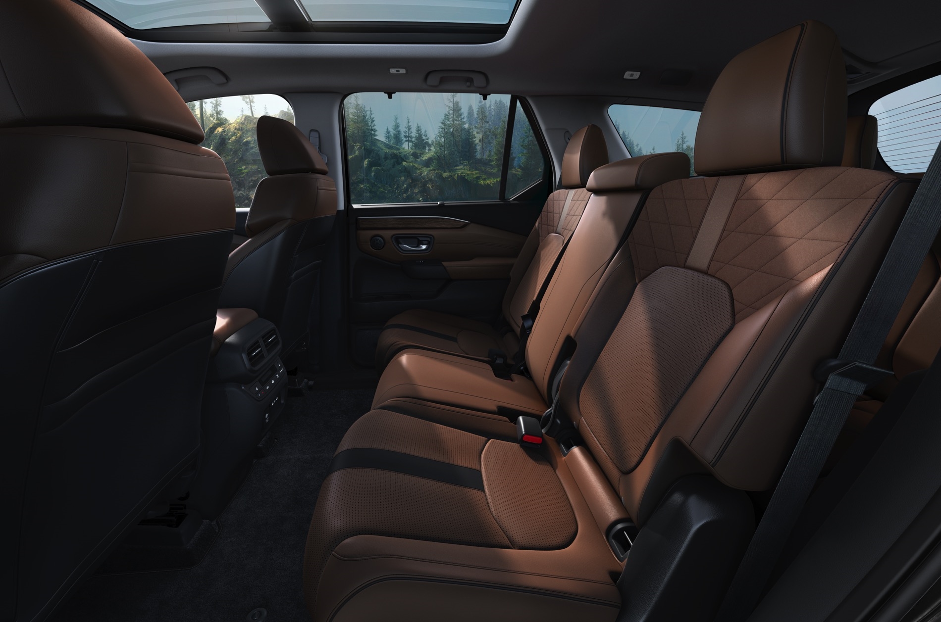 2026 Honda Pilot interior view of the rear seats in a brown leather