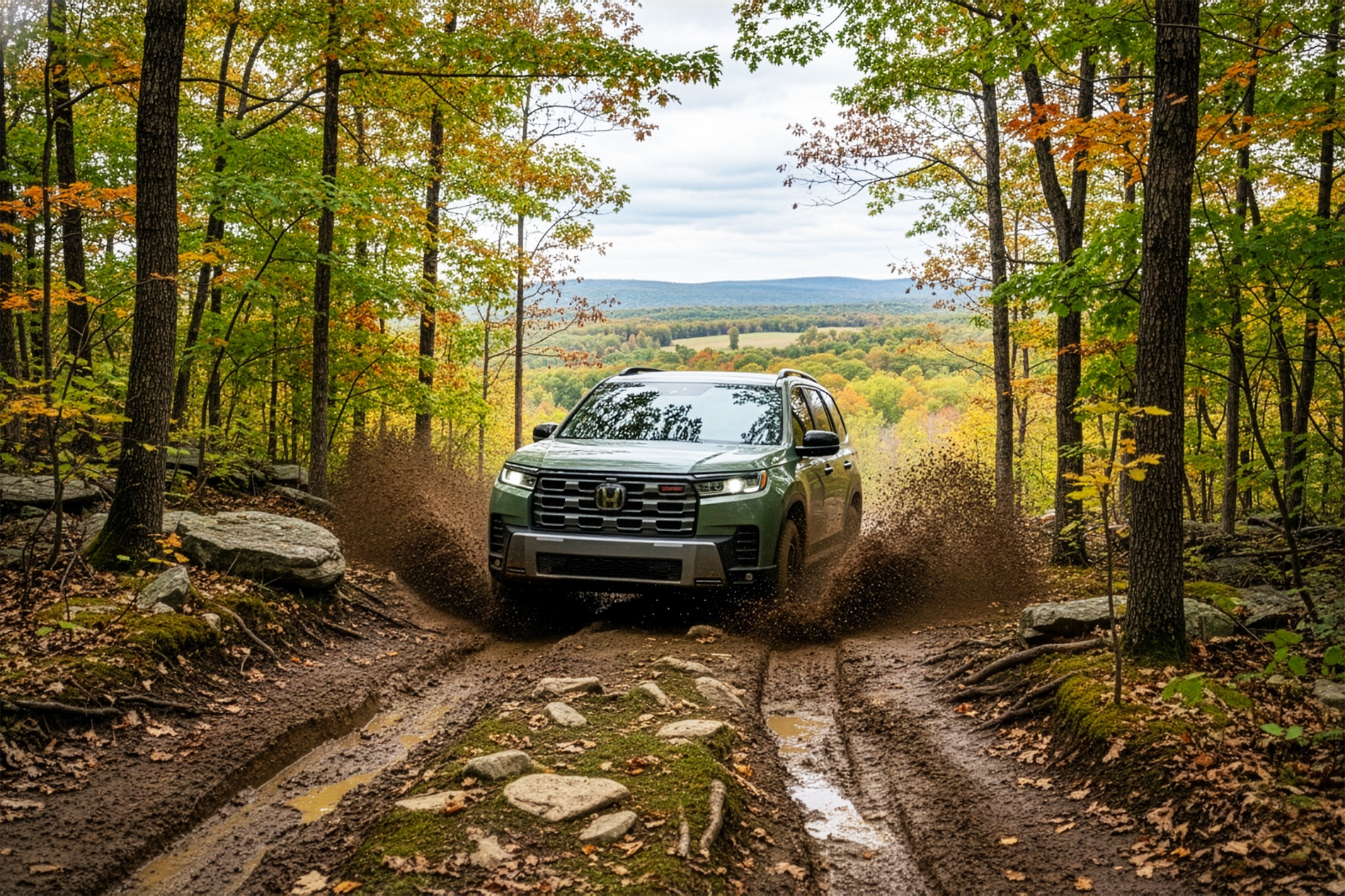 2026 Honda Pilot TrailSport driving up a muddy mountain road in rural New York