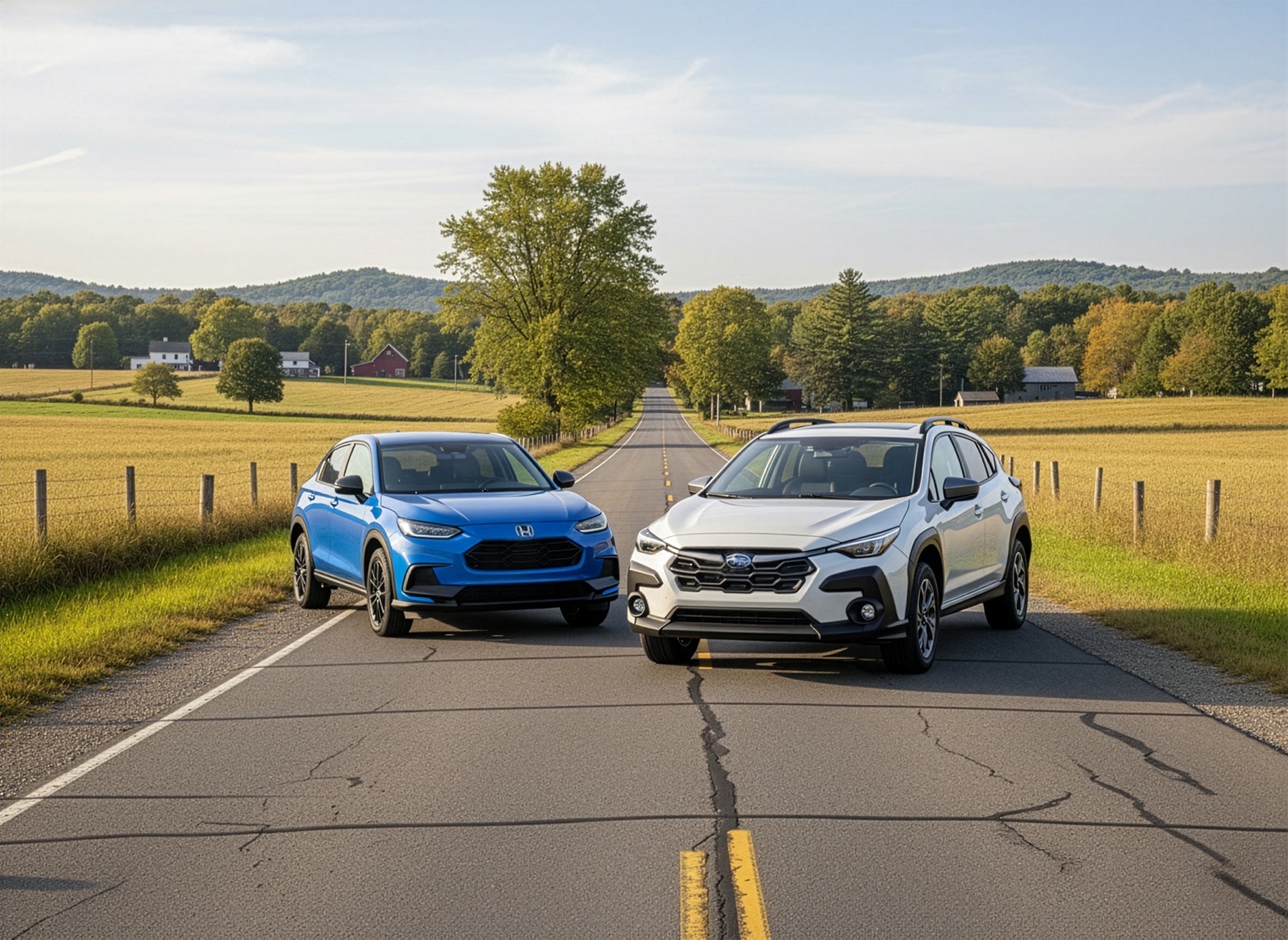 2026 Honda HR-V vs Honda Crosstrek parked on a rural road next to eachother