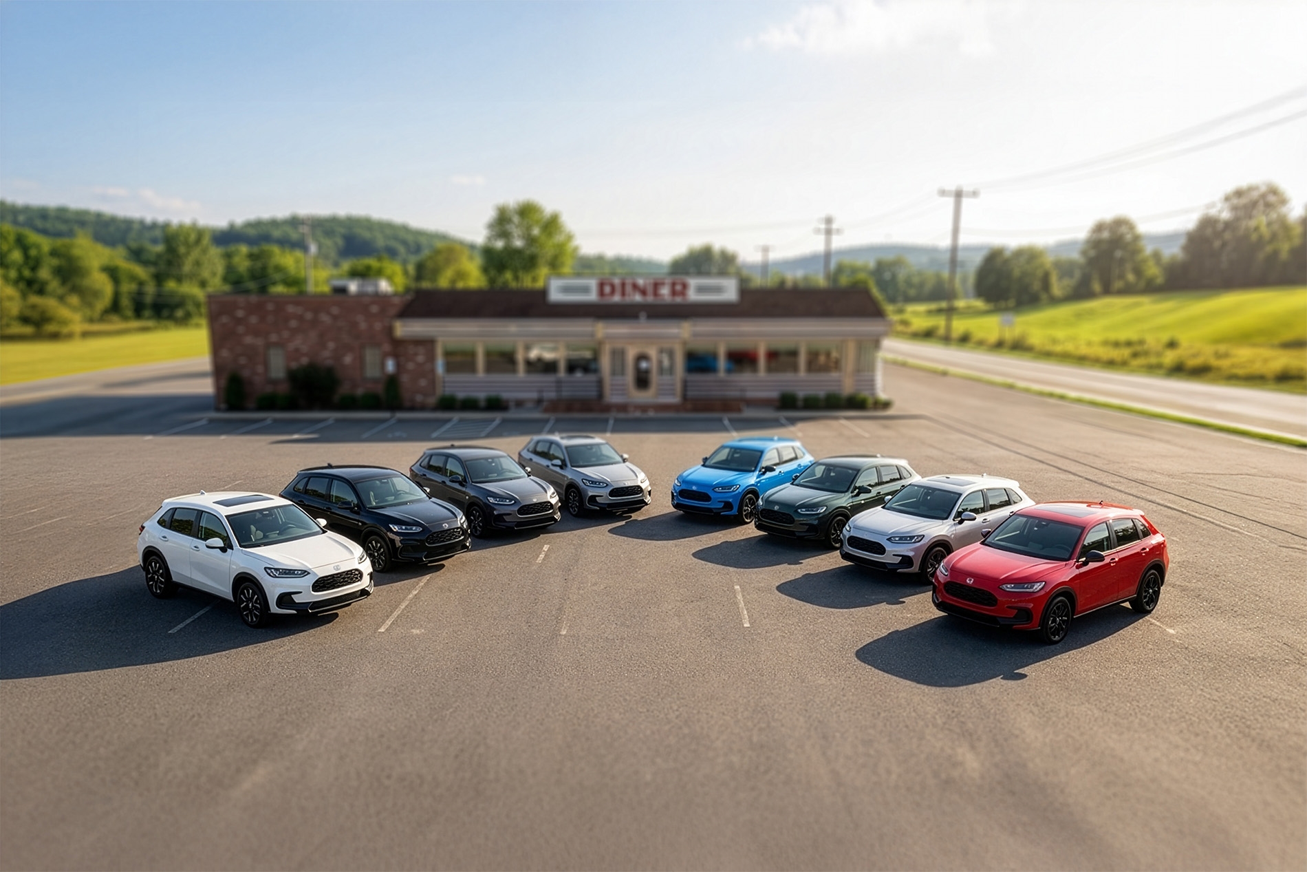 All 2026 Honda HR-V colors parked in a Diner parking lot in a rural New York landscape