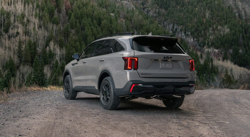 Rear of a grey 2025 Kia Sorento parked off-road.
