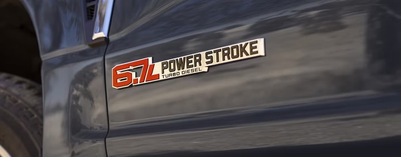 Close-up on the engine badging of a 2025 Ford F-350.