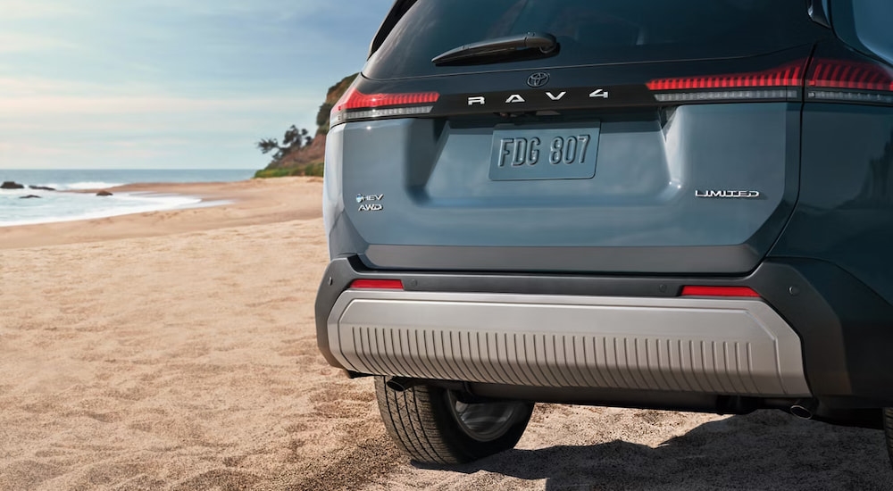 Close-up on the rear of a blue 2026 Toyota RAV4.