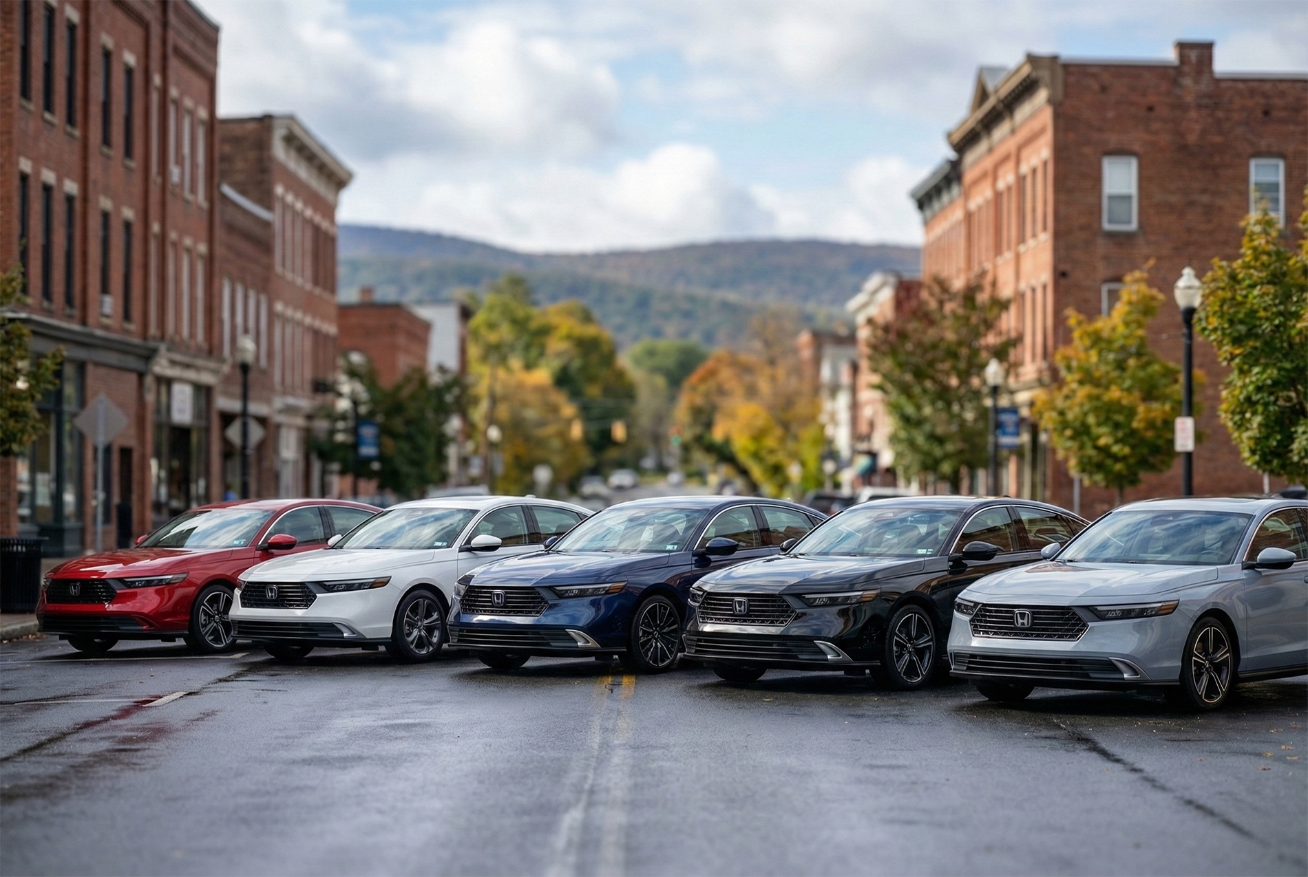 2026 Honda Accord Trim Levels Parked in an Old Downtown Center in a Mountain City