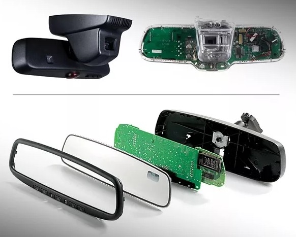 Diagram showing how electrochromic auto-dimming rearview mirrors work