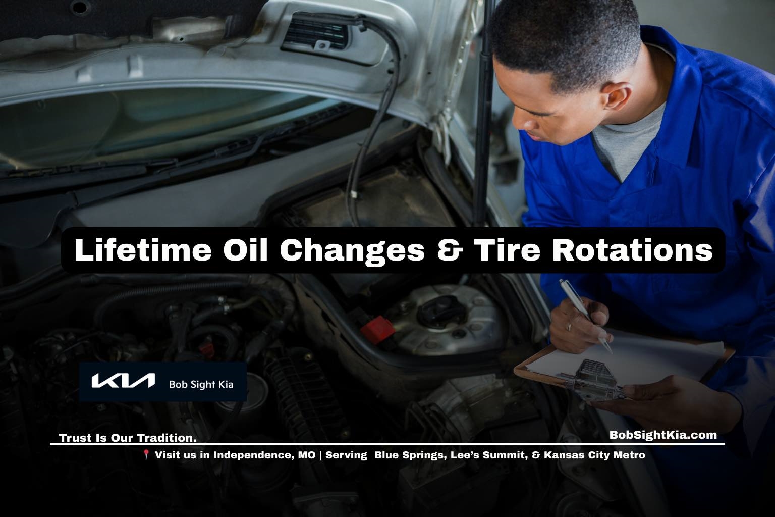 Lifetime oil changes and tire rotations with a new Kia for Independence Missouri and Kansas City Metro drivers at Bob Sight Kia