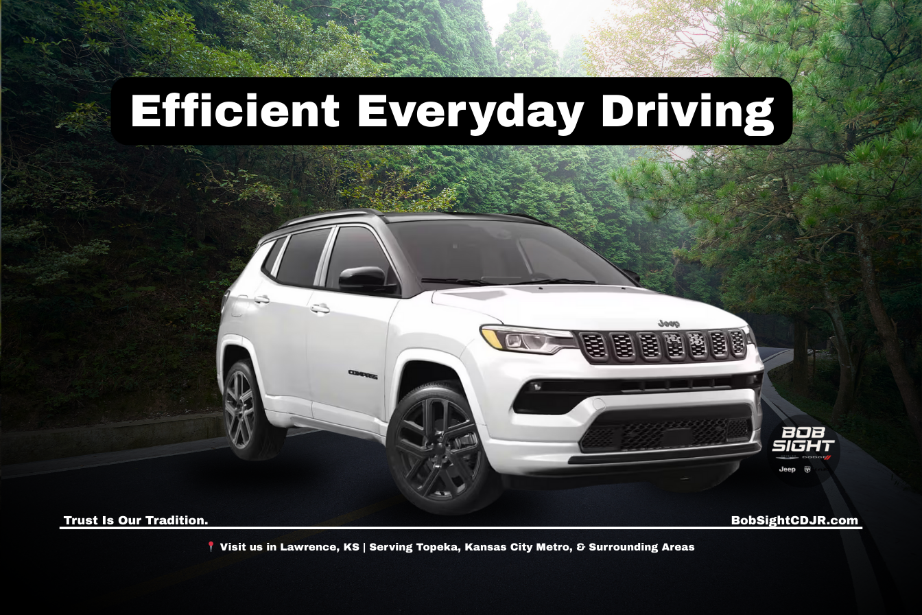 Jeep Compass compact SUV driving in Lawrence Kansas highlighting fuel efficiency for Douglas County drivers