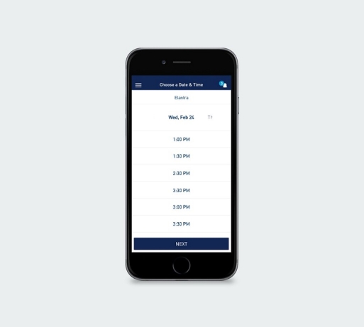 Hyundai Drive app screen - Choose a time and date