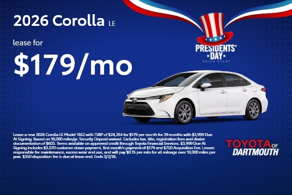 Special lease offer a new Toyota Corolla at Toyota of Dartmouth