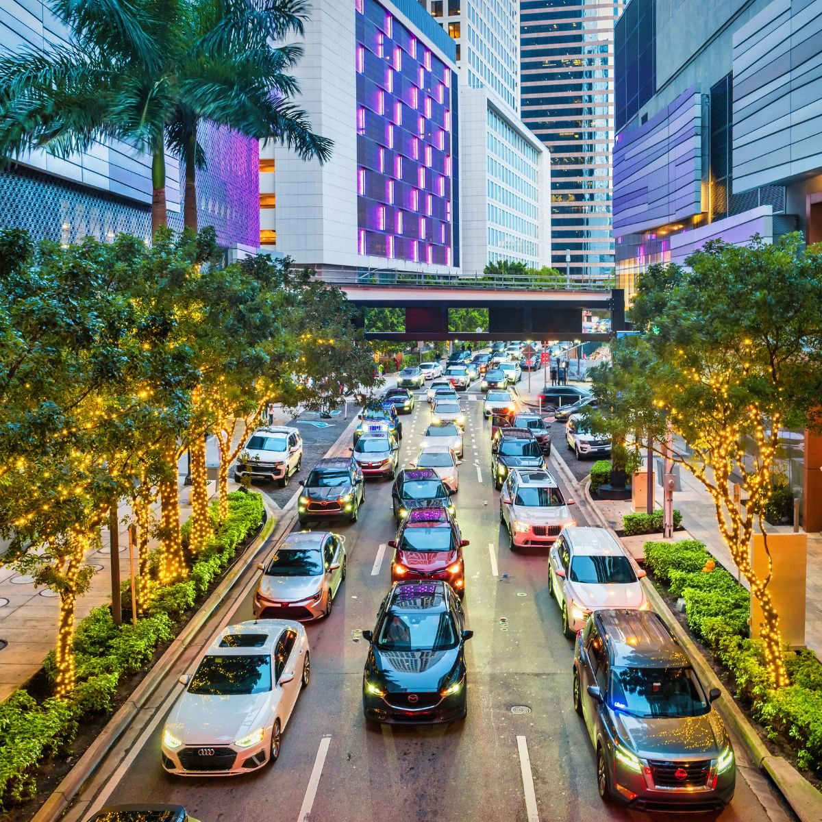 Evening stop-and-go traffic in Brickell, Miami