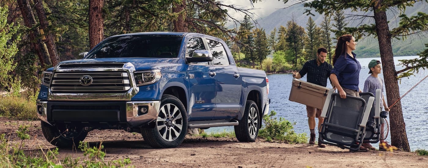Blue 2021 Toyota Tundra parked on a campground