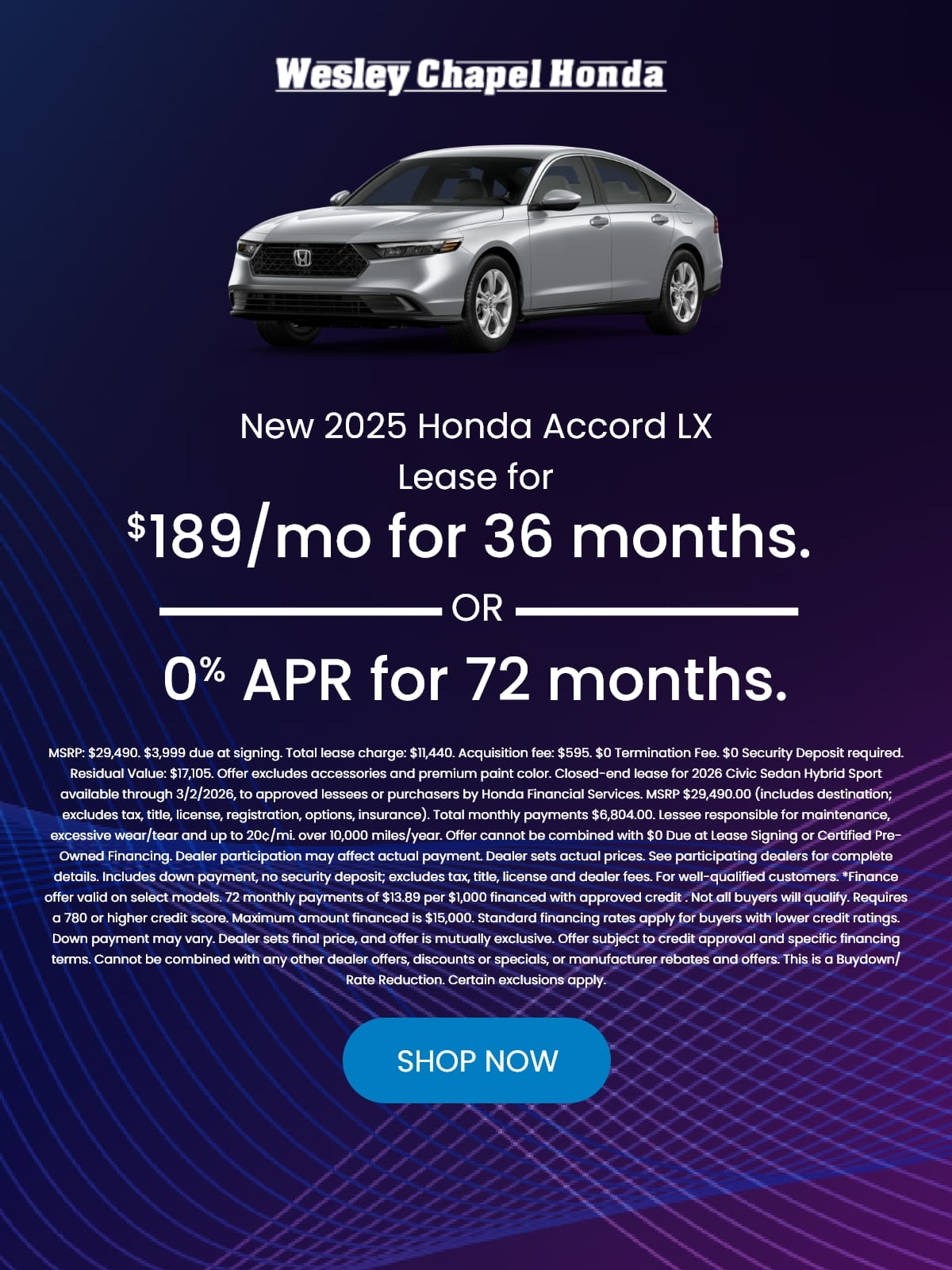 Lease a New 2025 Honda Accord LX for as low as $189 Per Month for 36 Months