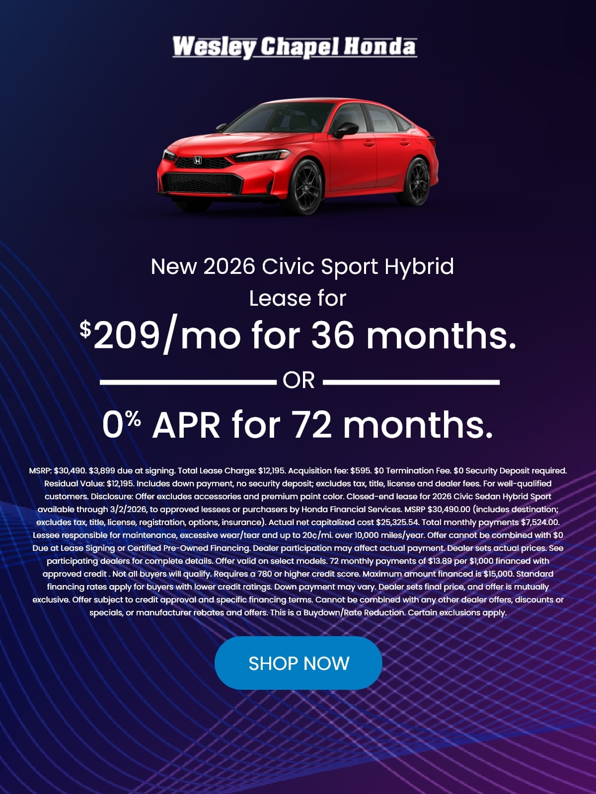 Lease a New 2026 Honda Civic Hybrid Sport for as low as $209 Per Month for 36 Months