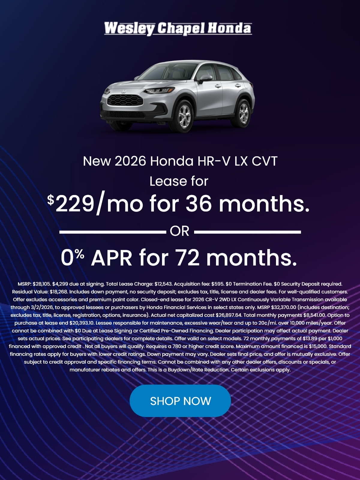 Lease a New 2026 Honda HR-V LX for as low as $229 Per Month for 36 Months