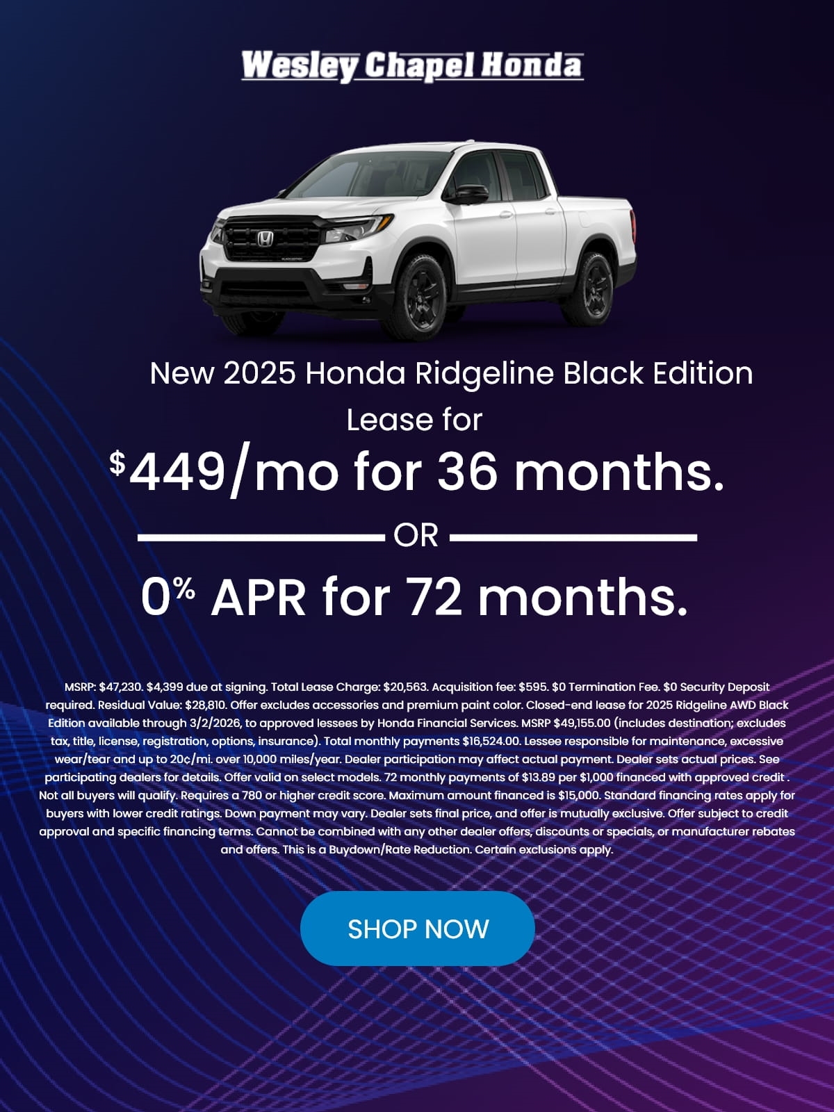 Lease a New 2025 Honda Ridgeline Black Edition for as low as $449 Per Month for 36 Months