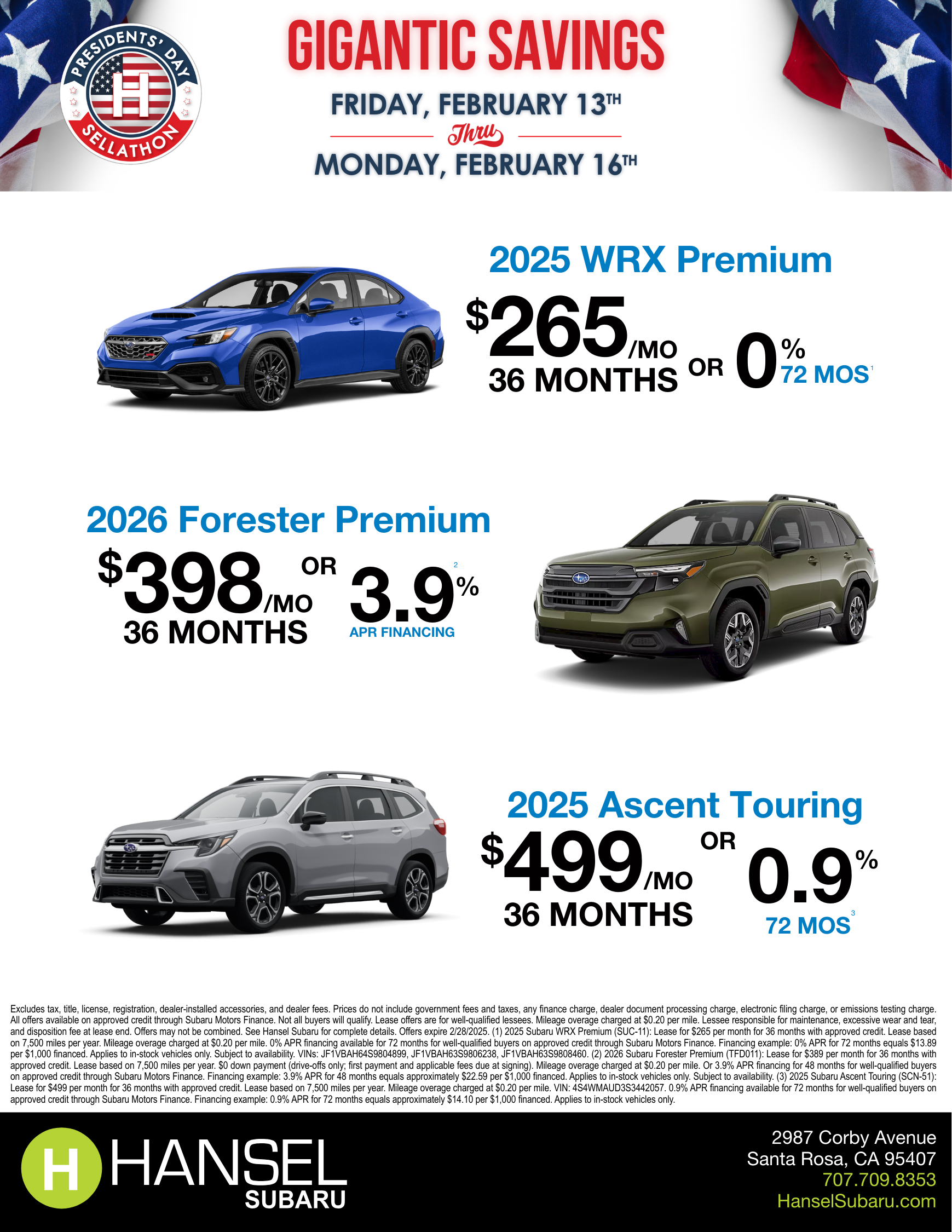 Hansel Subaru President’s Day Specials