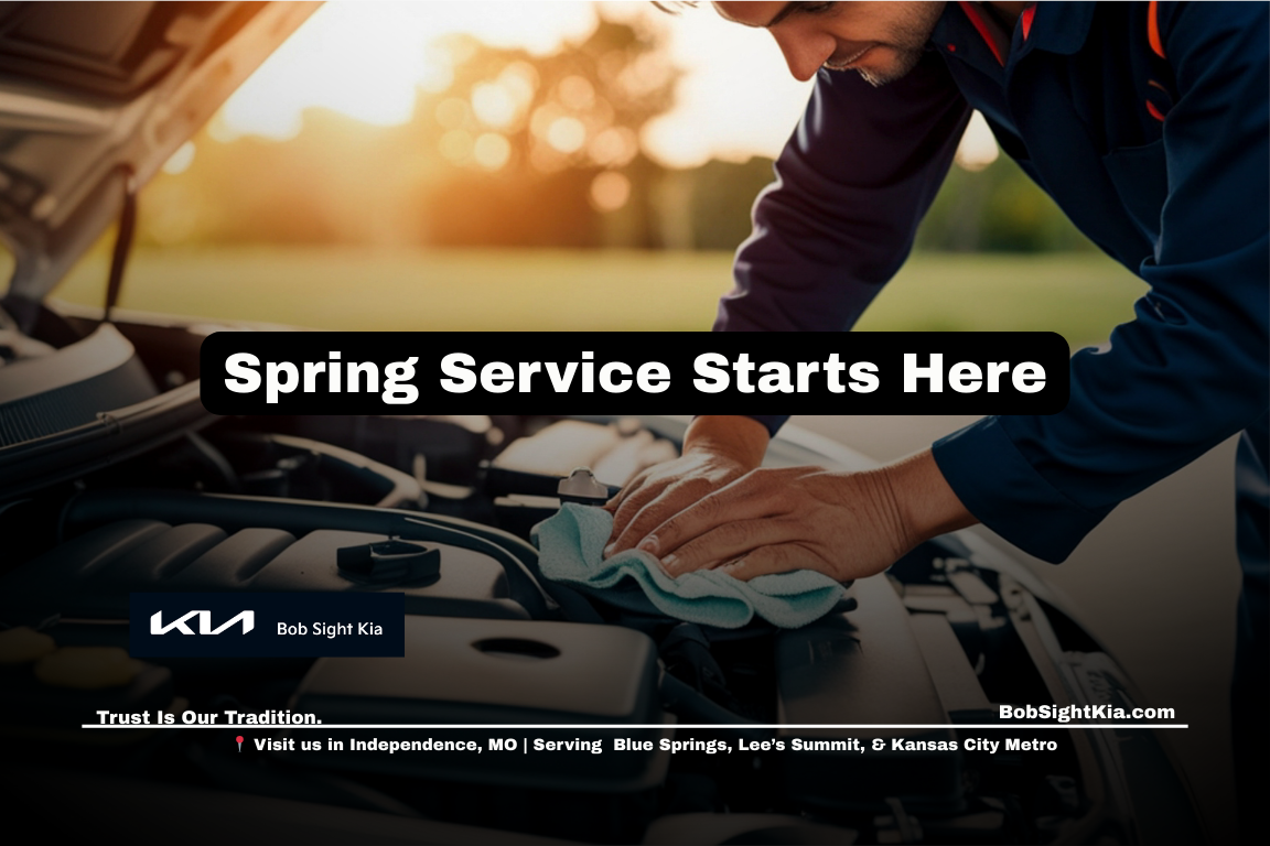 Kia service technician performing spring maintenance at Bob Sight Kia in Independence Missouri serving Kansas City Metro drivers