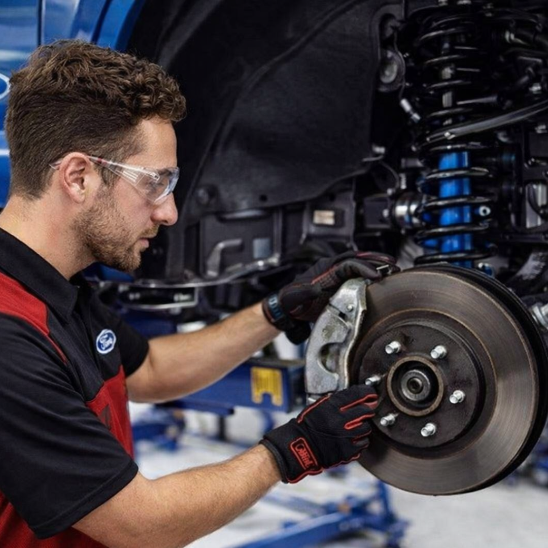 Ford technician inspecting brake system and suspension components