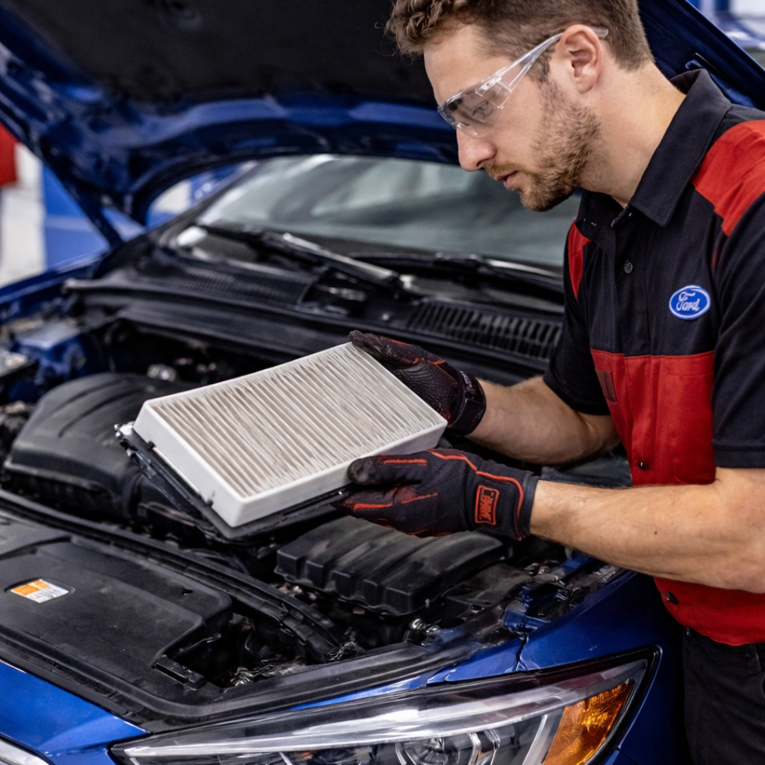 Ford technician replacing cabin air filter under the hood