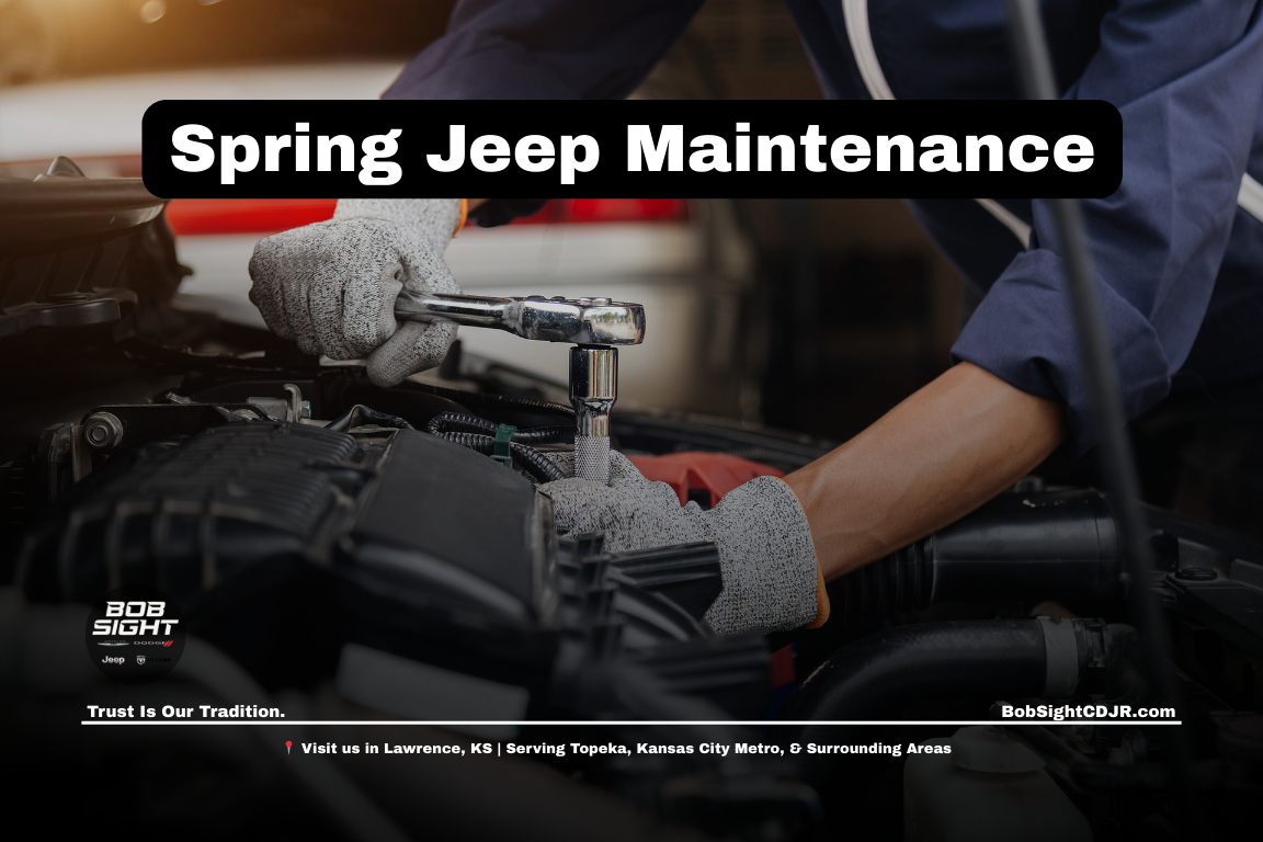 Jeep service technician performing spring maintenance at Jeep Service Center in Lawrence KS at Bob Sight CDJR