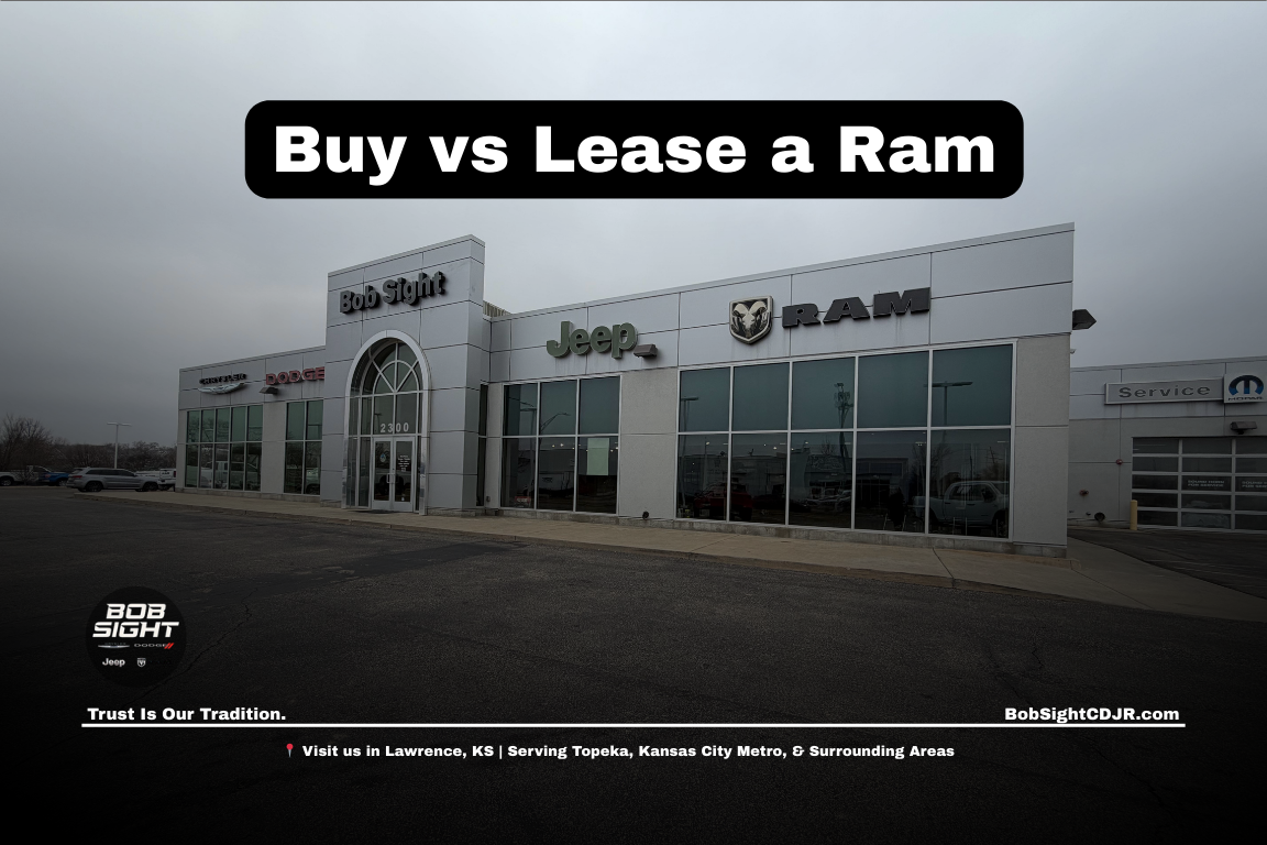 Ram 1500 at Ram dealer in Lawrence KS discussing buying vs leasing options at Bob Sight CDJR serving Douglas County