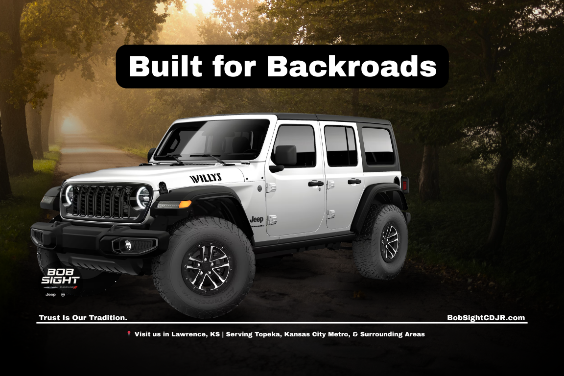Jeep Wrangler driving on gravel Kansas backroads near Lawrence KS at Bob Sight CDJR serving Douglas County and Northeast Kansas