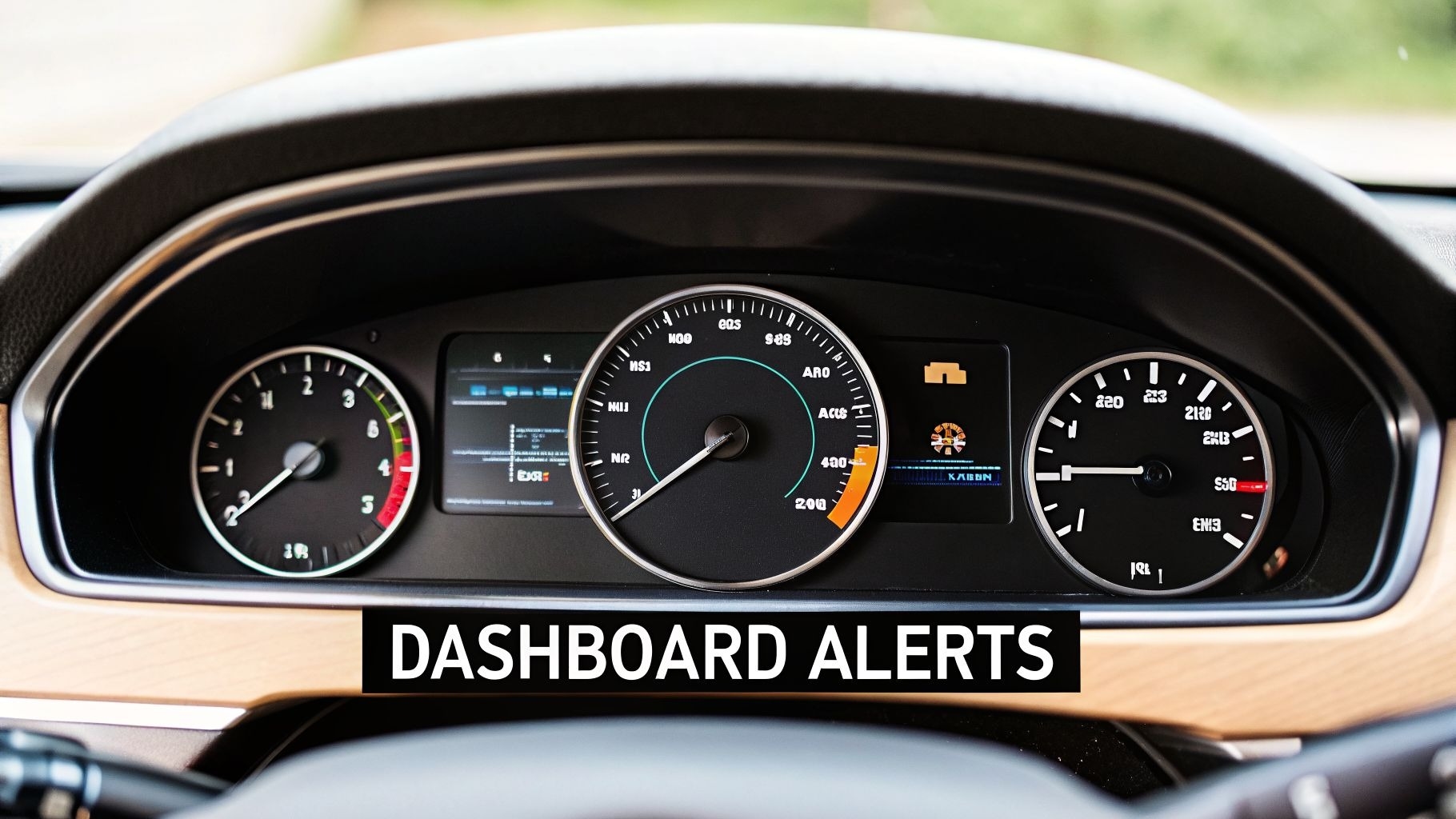A close-up view of a modern car dashboard displaying speed, RPM, and several warning alerts.
