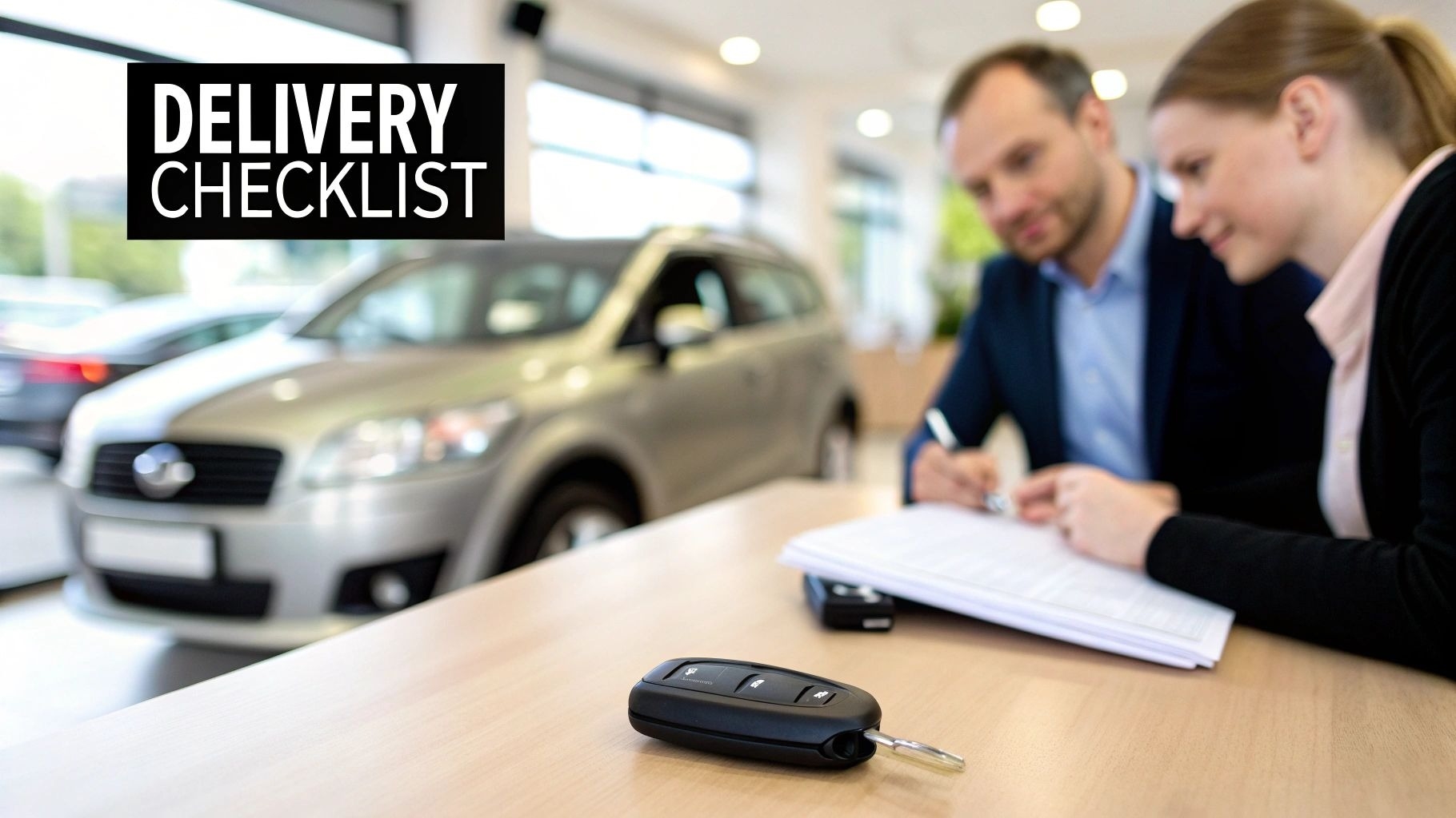 Man and woman signing documents at a car dealership with a car key on the table and 'Delivery Checkl…