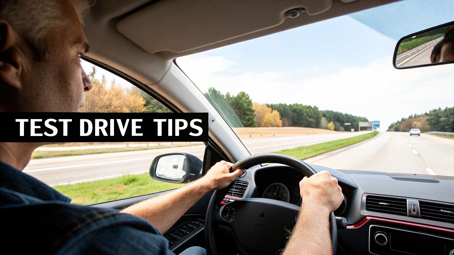 A man's perspective from inside a car, driving on a highway, with 'TEST DRIVE TIPS' overlay.