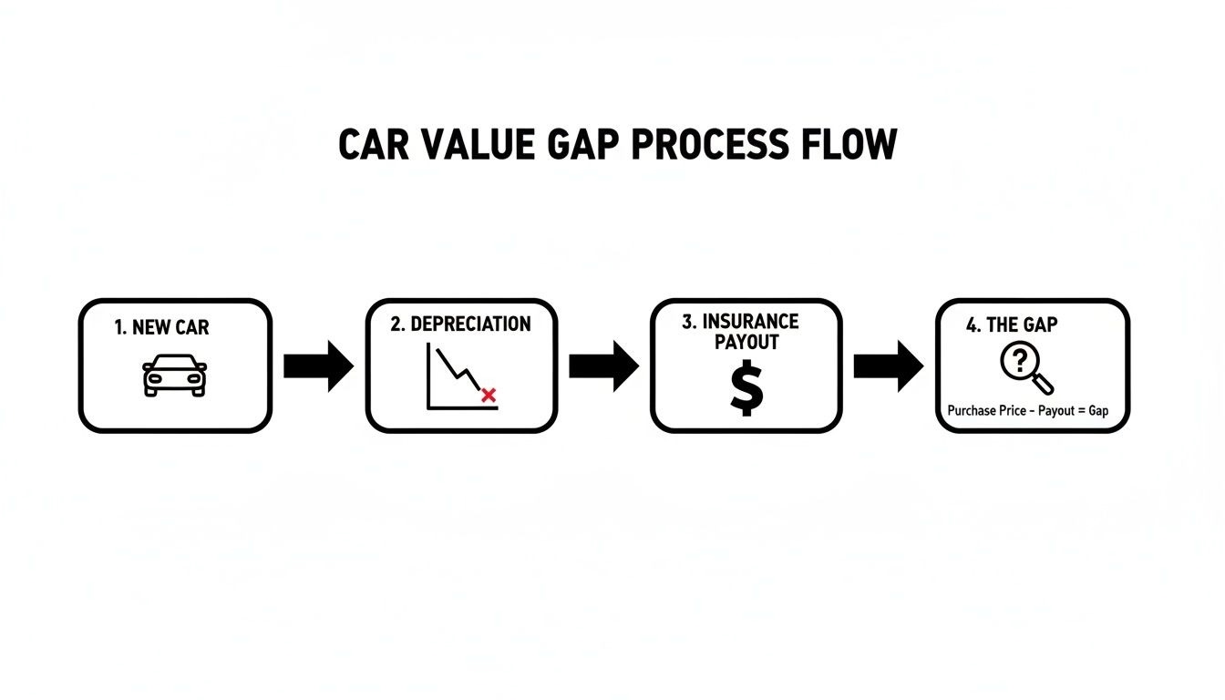A diagram illustrating the car value gap process flow, detailing new car, depreciation, insurance pa…
